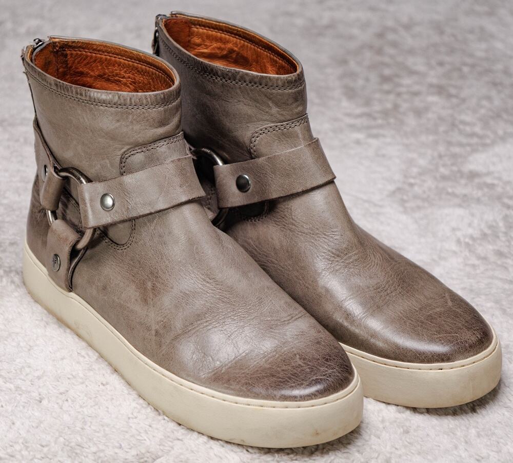 Frye Lena Gray Leather Harness Sneaker Booties Womens Size 8.5
